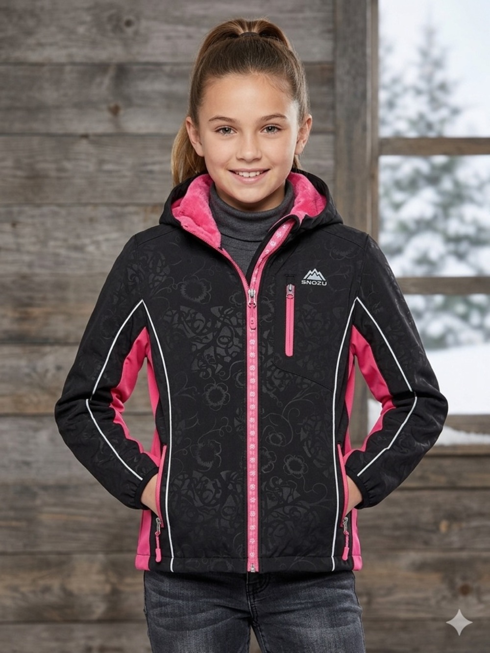 Snozu Girls Softshell Jacket Fleece Lined Black Pink M 10/12